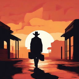 A lonesome wanderer in a western setting, walking through a dusty, deserted town at sunset