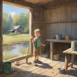 A radiant sunny morning scene where the character Finn discovers a weathered, yet charming old fishing rod tucked away in the old family shed, perfect for a children's book illustration.