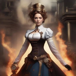A steampunk nurse rising from the ashes, adorned in Victorian-era attire with intricate gears and mechanical elements