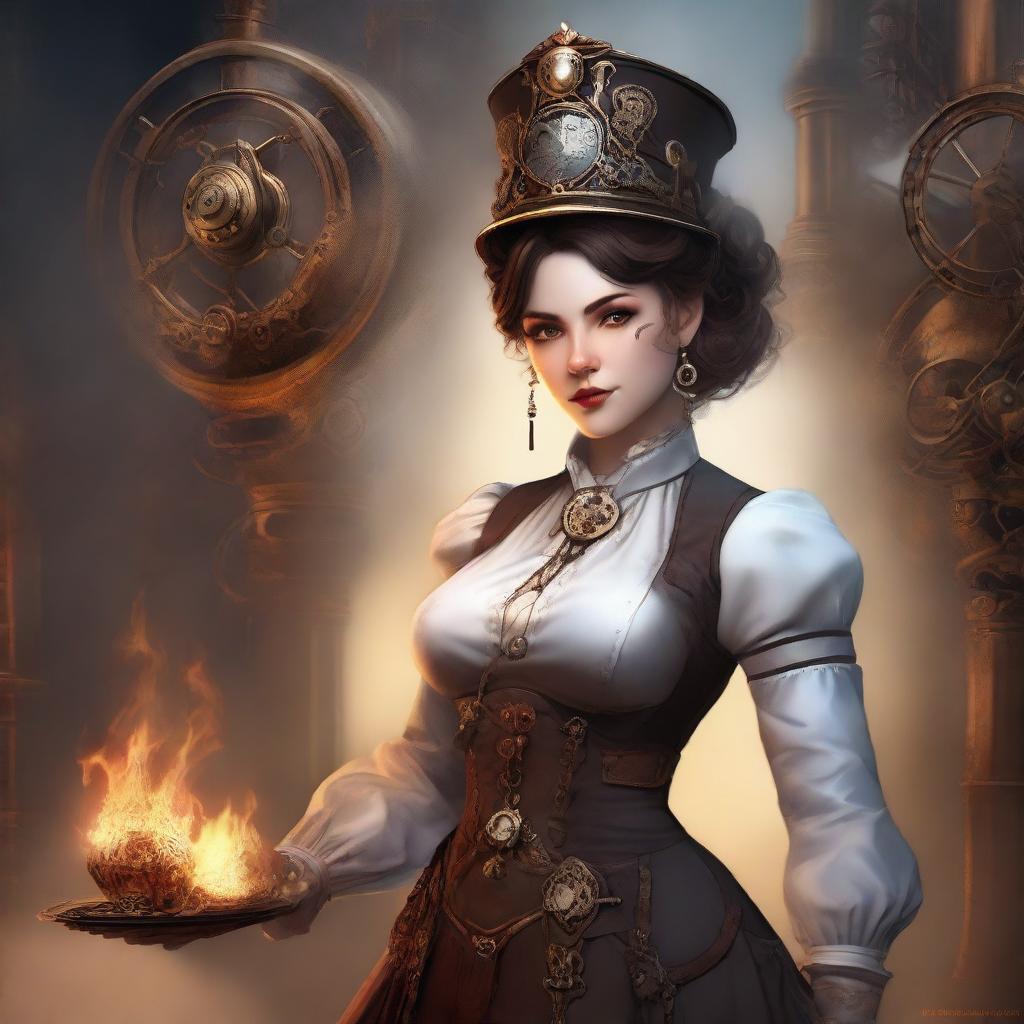 A steampunk nurse rising from the ashes, adorned in Victorian-era attire with intricate gears and mechanical elements