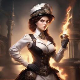 A steampunk nurse rising from the ashes, adorned in Victorian-era attire with intricate gears and mechanical elements