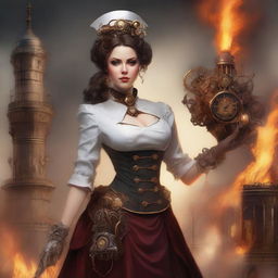 A steampunk nurse rising from the ashes, adorned in Victorian-era attire with intricate gears and mechanical elements