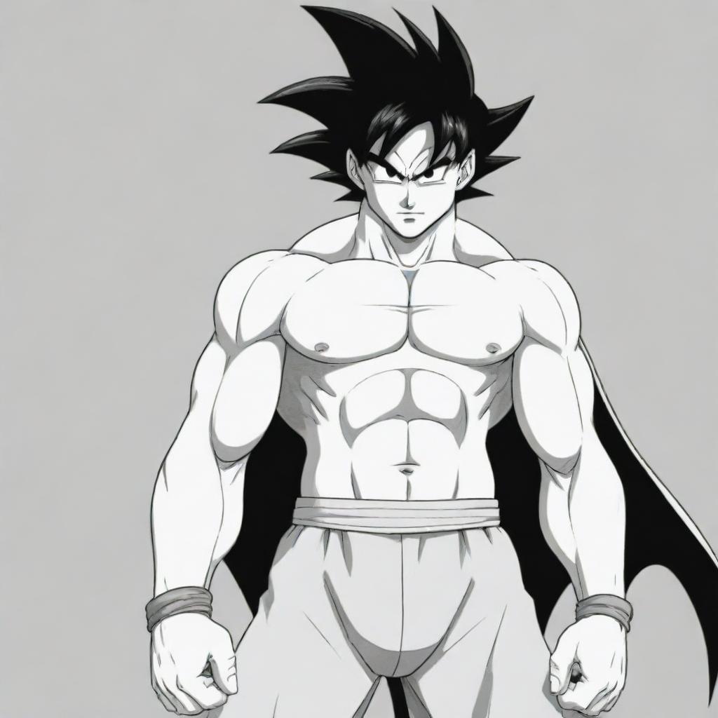 A fusion of shirtless Goku from Dragon Ball Z and Batman from the animated series. The image should be drawn in a style suitable for colouring.