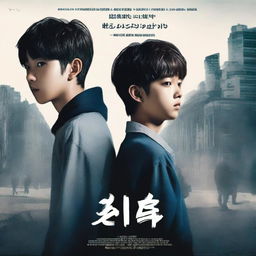 A movie poster for a show called 'We Are Monsters' featuring the faces of two South Korean teen boys