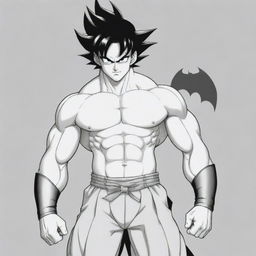 A fusion of shirtless Goku from Dragon Ball Z and Batman from the animated series. The image should be drawn in a style suitable for colouring.