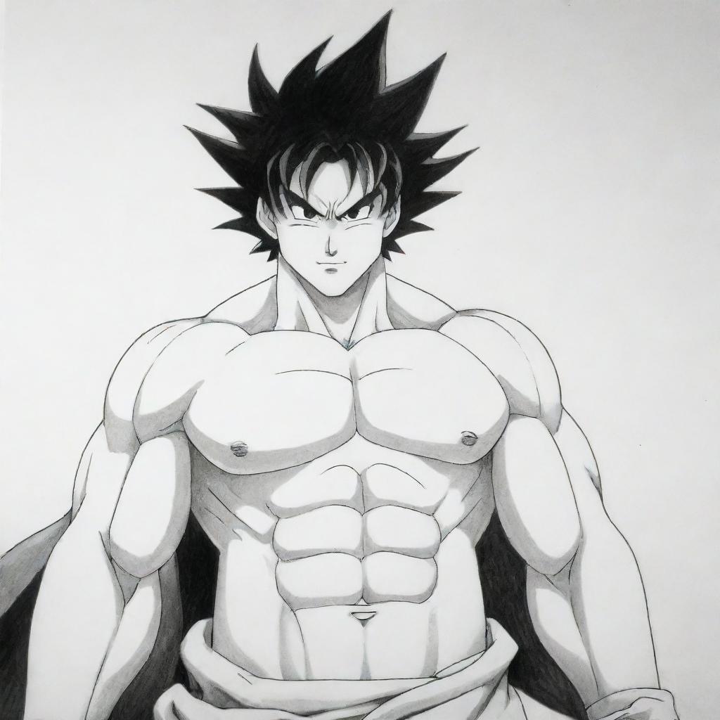 A fusion of shirtless Goku from Dragon Ball Z and Batman from the animated series. The image should be drawn in a style suitable for colouring.