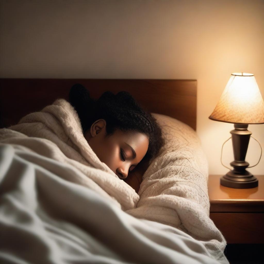 A peaceful scene of a person sleeping in a cozy bed, wrapped in soft blankets