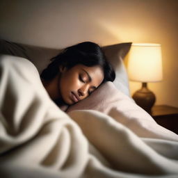 A peaceful scene of a person sleeping in a cozy bed, wrapped in soft blankets