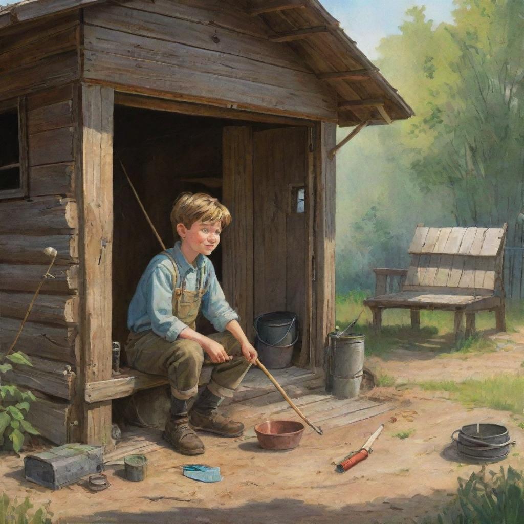 A simple yet engaging scene of a sunny morning, where Finn, a character with distinct, easy-to-draw features, finds an old fishing rod stored away in a rustic family shed.