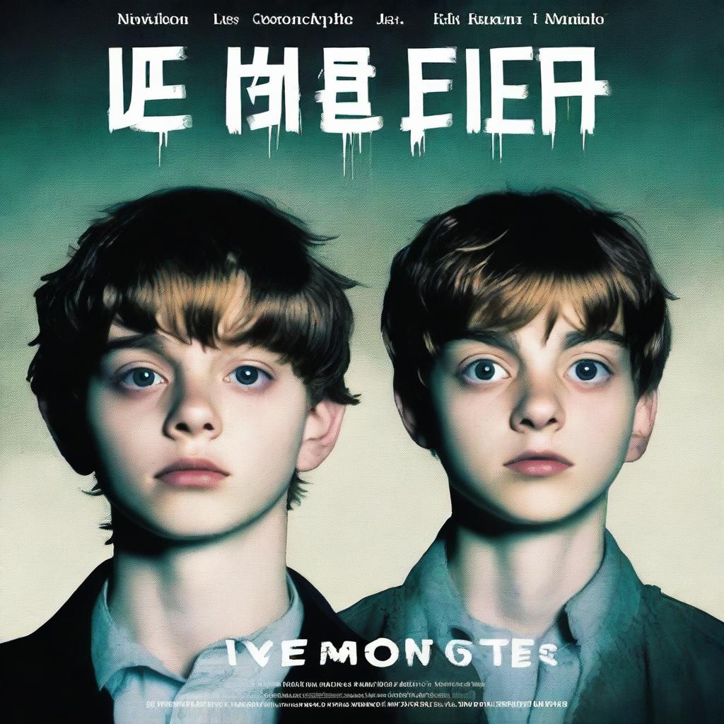 A movie poster for a show called 'We Are Monsters' featuring the faces of two English teen boys