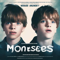 A movie poster for a show called 'We Are Monsters' featuring the faces of two English teen boys