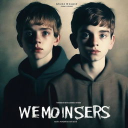 A movie poster for a show called 'We Are Monsters' featuring the faces of two English teen boys