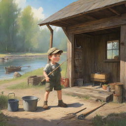 A simple yet engaging scene of a sunny morning, where Finn, a character with distinct, easy-to-draw features, finds an old fishing rod stored away in a rustic family shed.