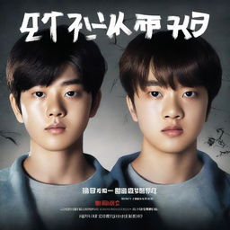 A movie poster for a show called 'We Are Monsters' featuring the faces of two South Korean teen boys