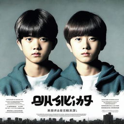 A movie poster for a show called 'We Are Monsters' featuring the faces of two South Korean teen boys