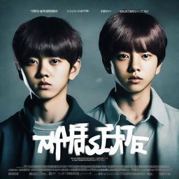 A movie poster for a show called 'We Are Monsters' featuring the faces of two South Korean teen boys