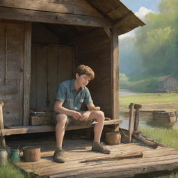 A simple yet engaging scene of a sunny morning, where Finn, a character with distinct, easy-to-draw features, finds an old fishing rod stored away in a rustic family shed.