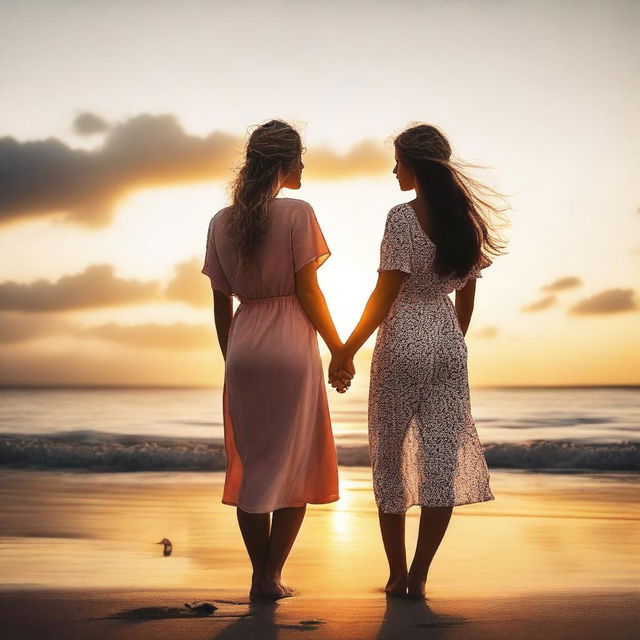 A romantic scene featuring two women in love, holding hands and looking into each other's eyes