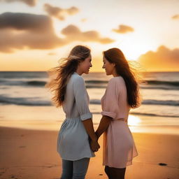 A romantic scene featuring two women in love, holding hands and looking into each other's eyes