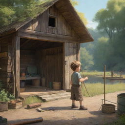 A simple yet engaging scene of a sunny morning, where Finn, a character with distinct, easy-to-draw features, finds an old fishing rod stored away in a rustic family shed.