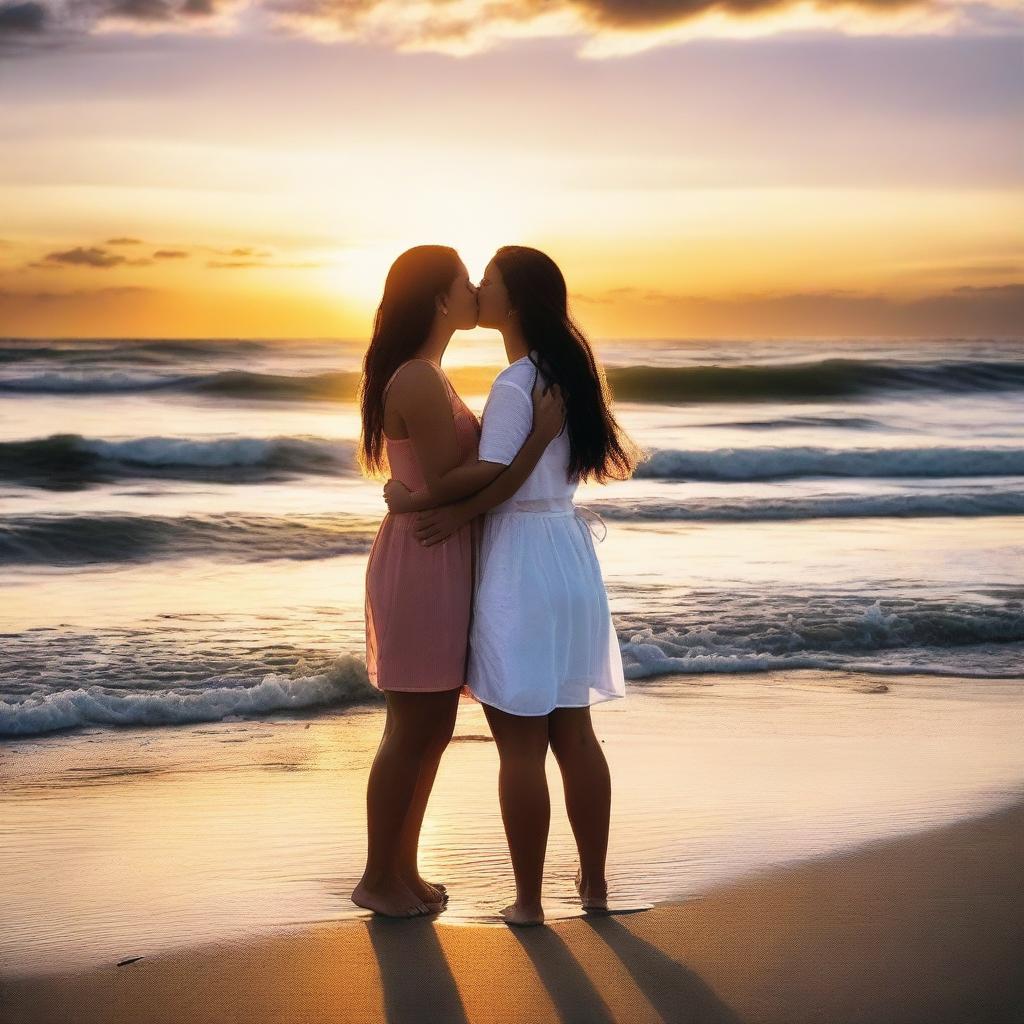 A romantic scene featuring two women sharing a kiss at the beach during a beautiful sunset