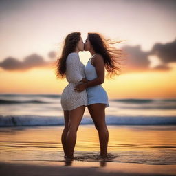 A romantic scene featuring two women sharing a kiss at the beach during a beautiful sunset