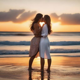 A romantic scene featuring two women sharing a kiss at the beach during a beautiful sunset