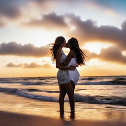 A romantic scene featuring two women sharing a kiss at the beach during a beautiful sunset