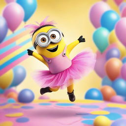 A whimsical scene featuring a Minion wearing a pink tutu and a unicorn horn