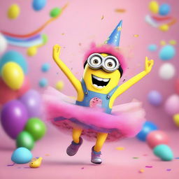 A whimsical scene featuring a Minion wearing a pink tutu and a unicorn horn