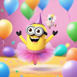 A whimsical scene featuring a Minion wearing a pink tutu and a unicorn horn