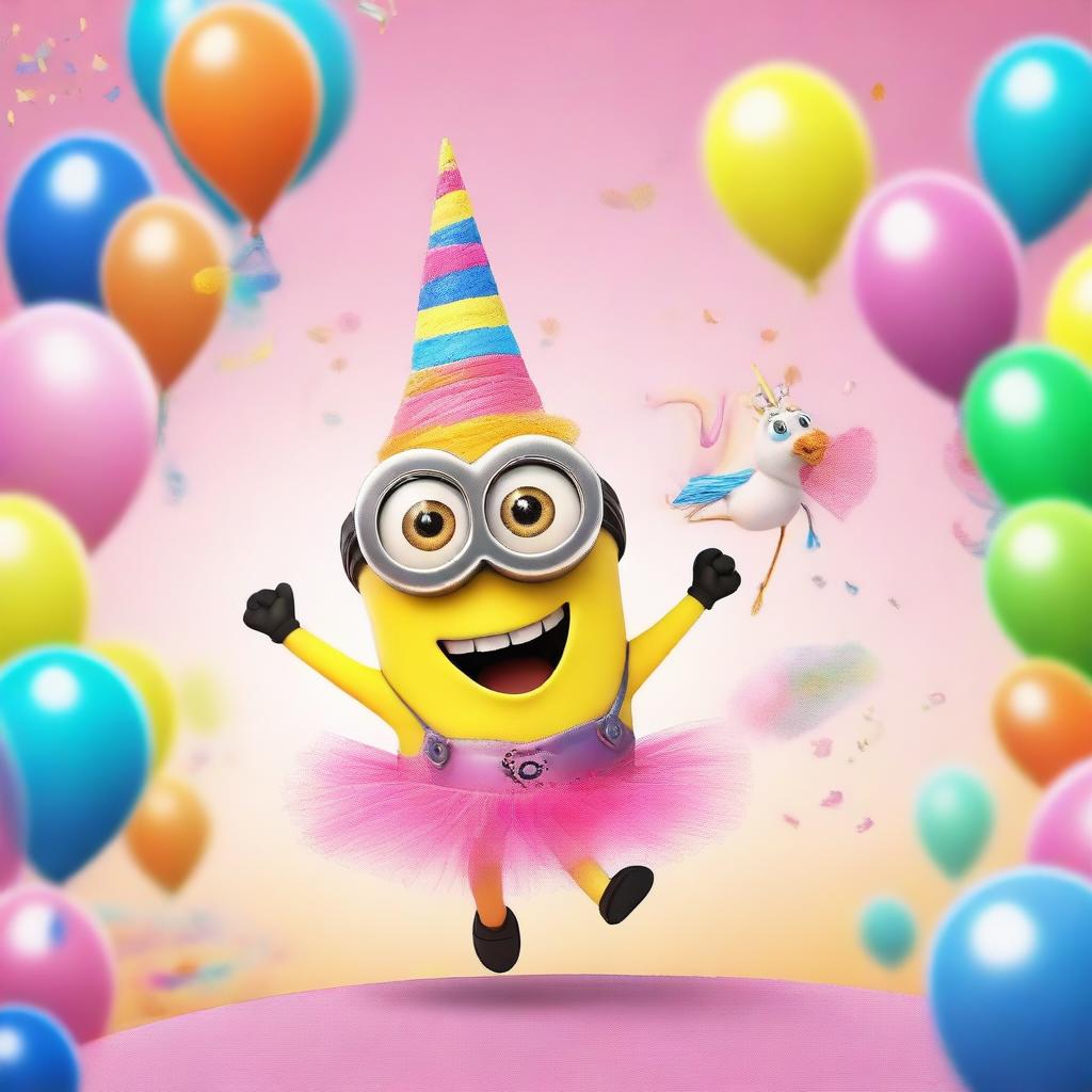 A whimsical scene featuring a Minion wearing a pink tutu and a unicorn horn