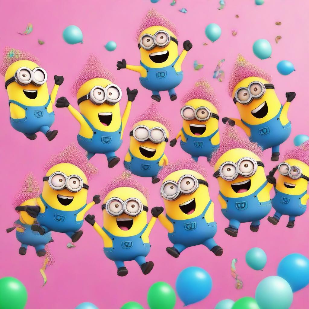 A fun and whimsical scene featuring multiple Minions, each wearing a pink tutu and a unicorn horn