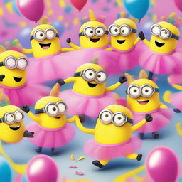 A fun and whimsical scene featuring multiple Minions, each wearing a pink tutu and a unicorn horn