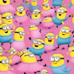 A fun and whimsical scene featuring multiple Minions, each wearing a pink tutu and a unicorn horn