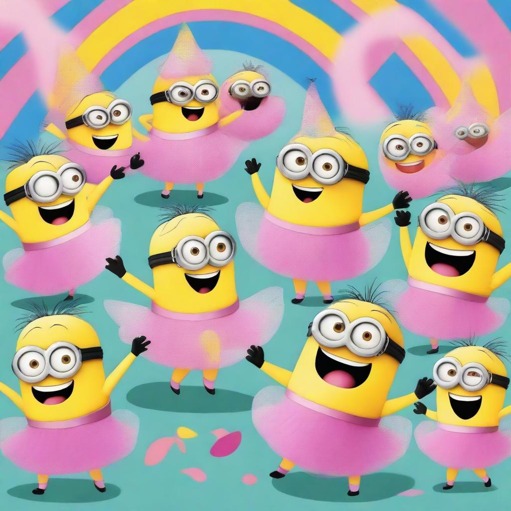 A whimsical scene featuring multiple Minions, each wearing a pink tutu and a unicorn horn