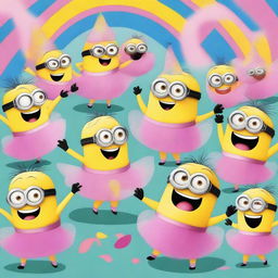 A whimsical scene featuring multiple Minions, each wearing a pink tutu and a unicorn horn