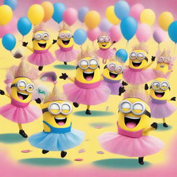 A whimsical scene featuring multiple Minions, each wearing a pink tutu and a unicorn horn