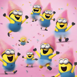 A whimsical scene featuring multiple Minions, each wearing a pink tutu and a unicorn horn