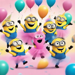 A whimsical scene featuring multiple Minions, each wearing a pink tutu and a unicorn horn