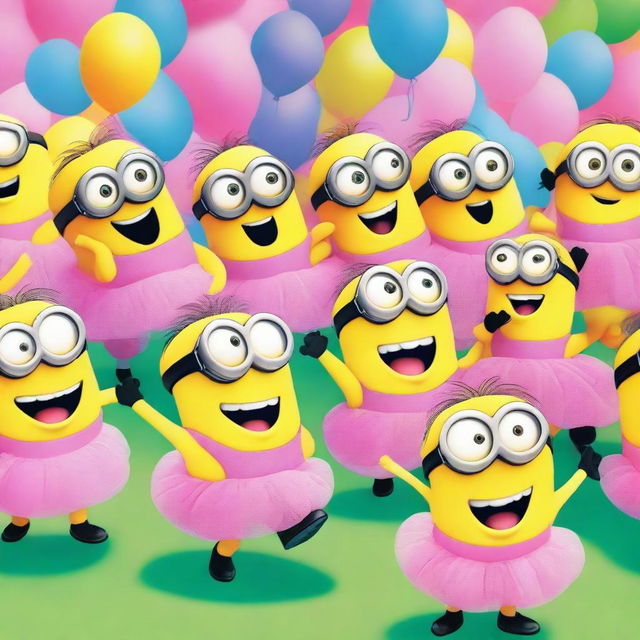 A whimsical scene featuring multiple Minions, each wearing a pink tutu