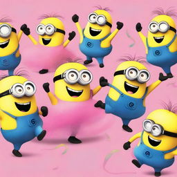 A whimsical scene featuring multiple Minions, each wearing a pink tutu