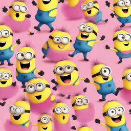 A whimsical scene featuring multiple Minions, each wearing a pink tutu