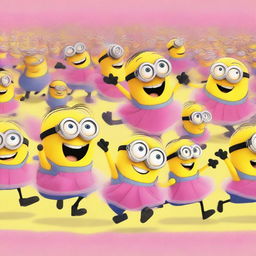 A whimsical scene featuring multiple Minions, each wearing a pink tutu