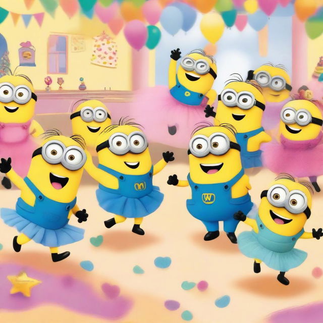 A fun and whimsical scene featuring Minions and humans dancing together in tutus