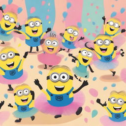 A fun and whimsical scene featuring Minions and humans dancing together in tutus