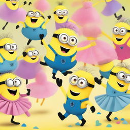 A fun and whimsical scene featuring Minions and humans dancing together in tutus