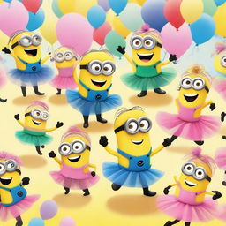 A fun and whimsical scene featuring Minions and humans dancing together in tutus