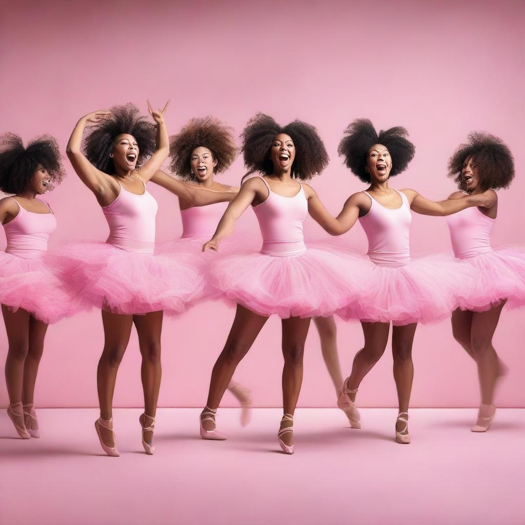 A humorous scene featuring a group of humans dancing in pink tutus