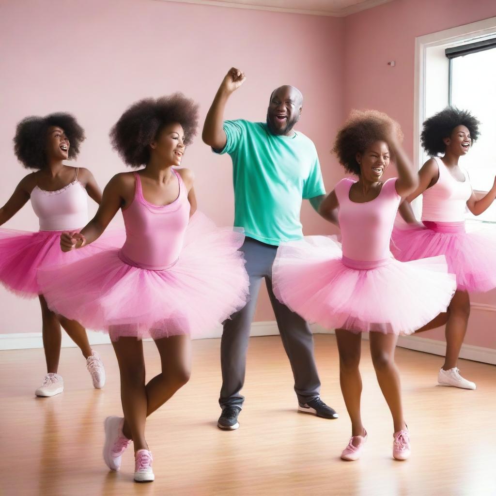 A humorous scene featuring a group of humans dancing in pink tutus